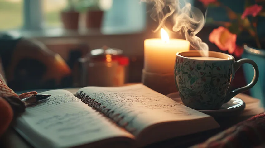 Journaling im Kerzenschein, mit einer dampfenden Tasse Tee während der Rauhnächte. © AdobeStock, chutikan