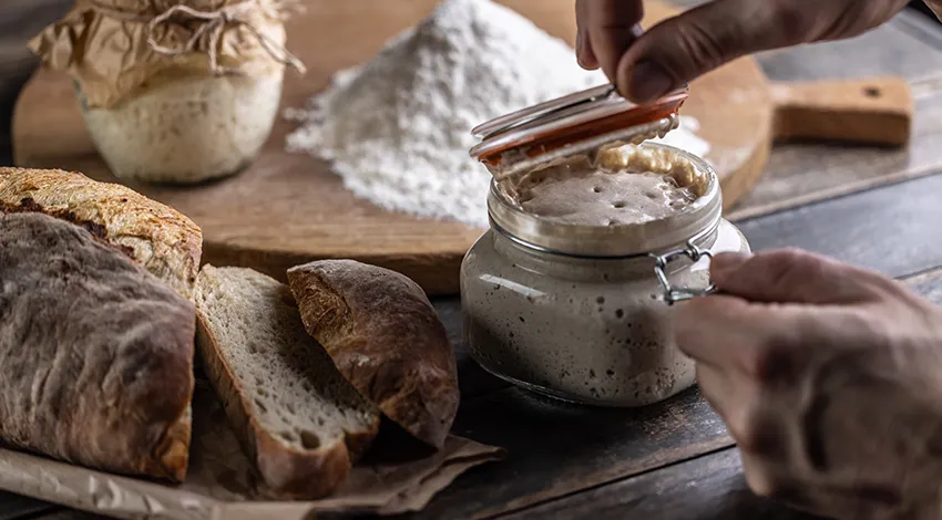 Aufgehender Sauerteig in einem durchsichtigen Glas für die Herstellung von Sauerteigbrot.