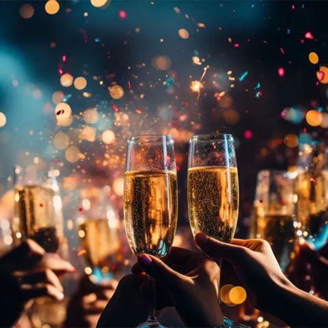 Feiernde Gäste halten Sektgläser bei einer stimmungsvollen Silvesternacht in Ahrenshoop.