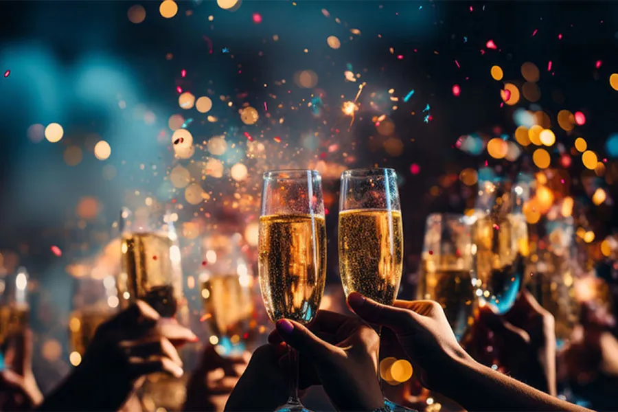 Feiernde Gäste halten Sektgläser bei einer stimmungsvollen Silvesternacht in Ahrenshoop.