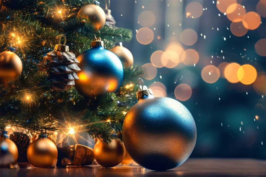 Festlich geschmückter Weihnachtsbaum mit goldenen und blauen Kugeln im THE GRAND Ahrenshoop.