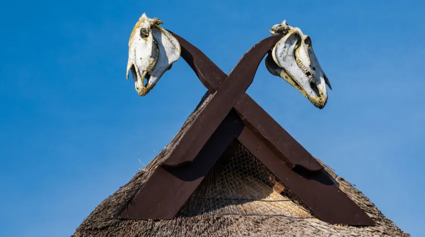 Manche schmücken ihren Giebel auch gerne extravagant. Dieser Giebel bei uns in Wustrow mit 2 echten Pferdeköpfen ist ein echter Hingucker. © Shutterstock,