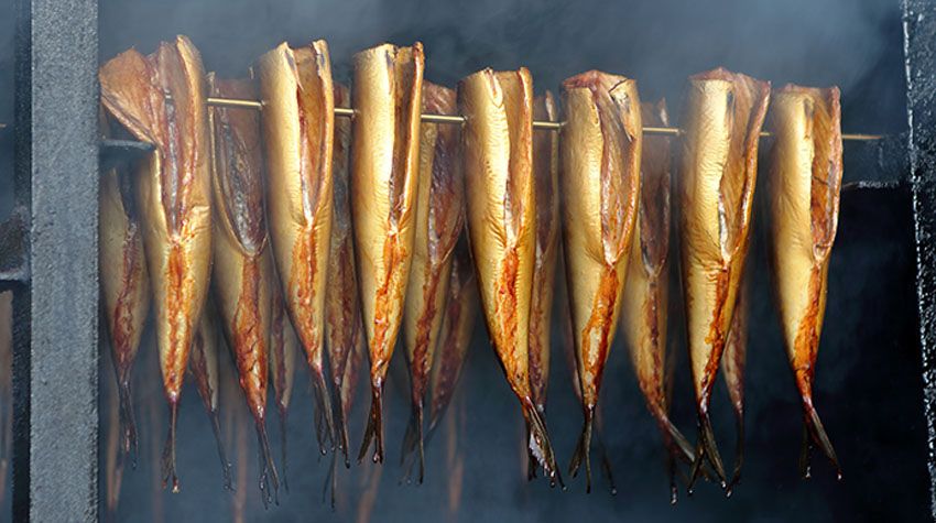 Mehrere goldbraun geräucherte Fische hängen dicht aneinander in einem Räucherofen, umgeben von aufsteigendem Rauch.