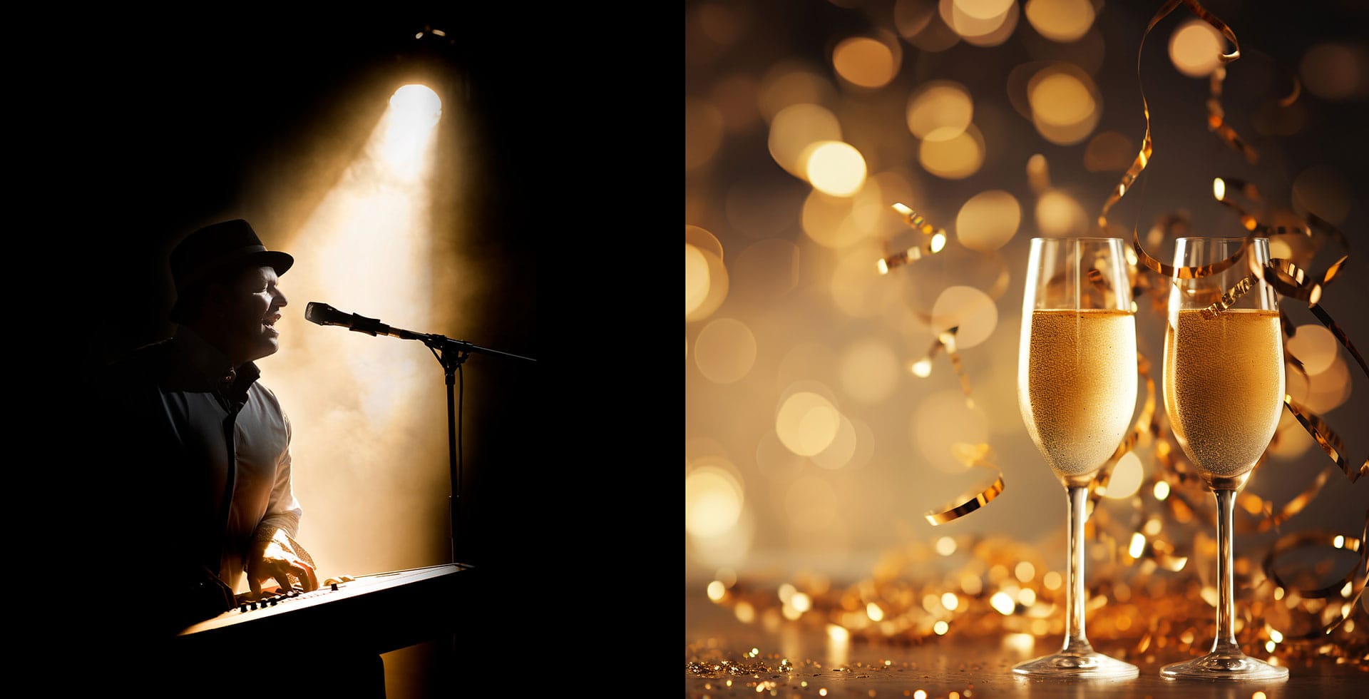 Sänger spielt am Klavier unter goldenem Licht, daneben zwei gefüllte Champagnergläser bei der Silvesterparty im Restaurant Weitblick im THE GRAND Ahrenhoop.