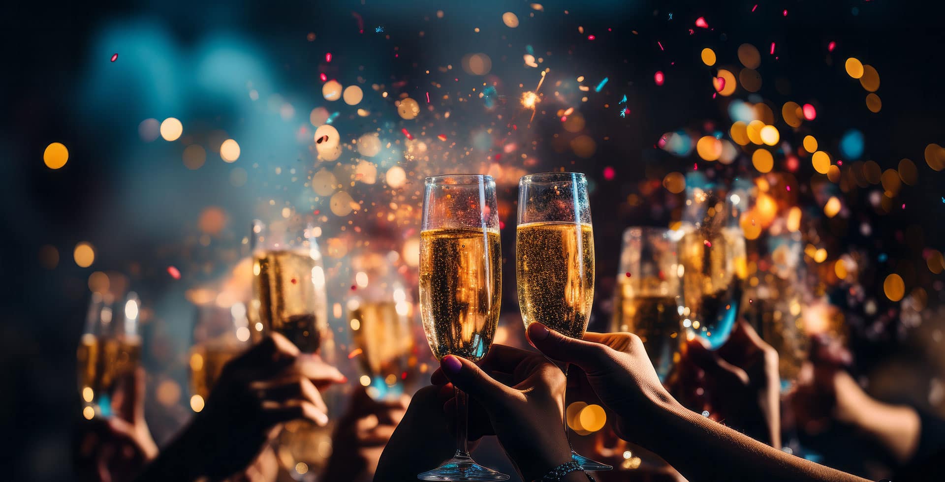 Menschen stoßen mit Champagnergläsern an, umgeben von goldenem Licht und Konfetti bei der Silvesterparty im THE GRAND Ahrenshoop.