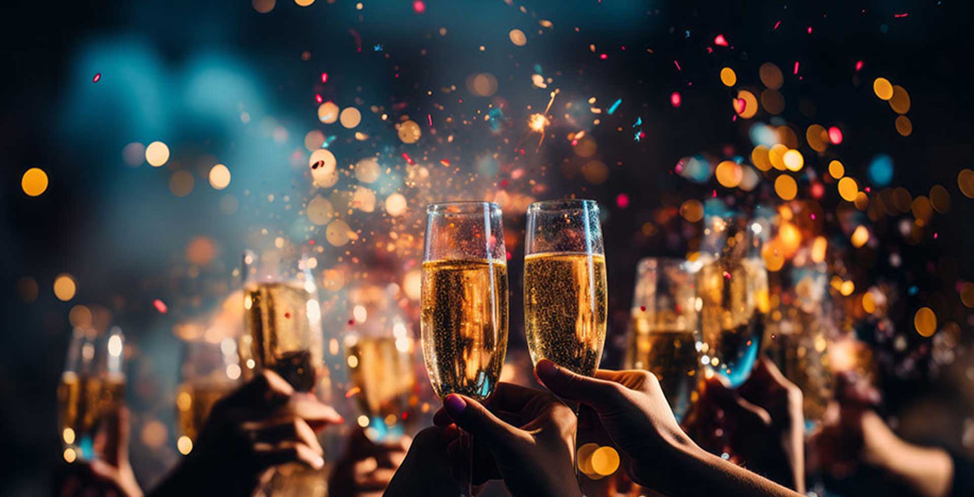 Gäste stoßen mit Champagnergläsern bei einer festlichen Silvesterfeier an der Ostsee an.
